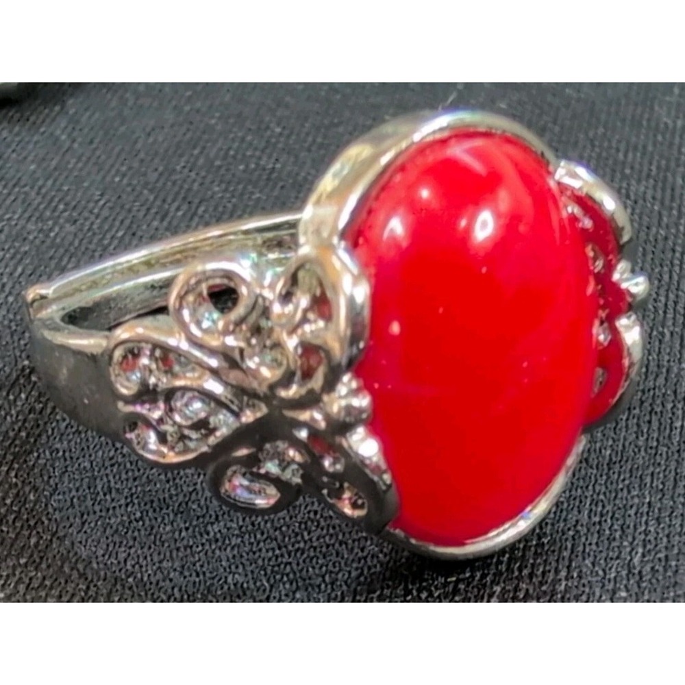 Red Cabochon Cocktail Ring Silver Tone Adjustable Vintage Style Statement...‎